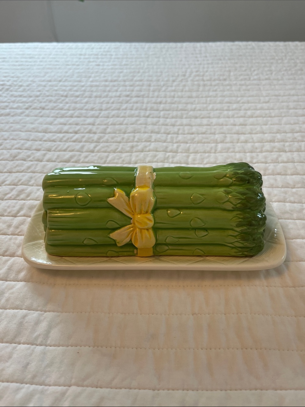 1980s Vintage Ceramic Green Asparagus Butter Dish with Yellow Bow